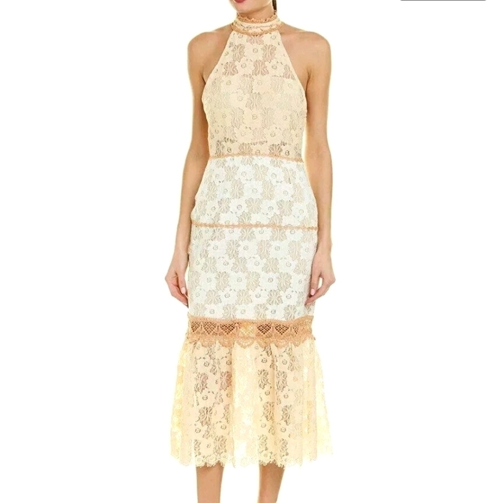 Foxiedox AMELIA HALTER MOCK NECK LACE MIDI DRESS NEW